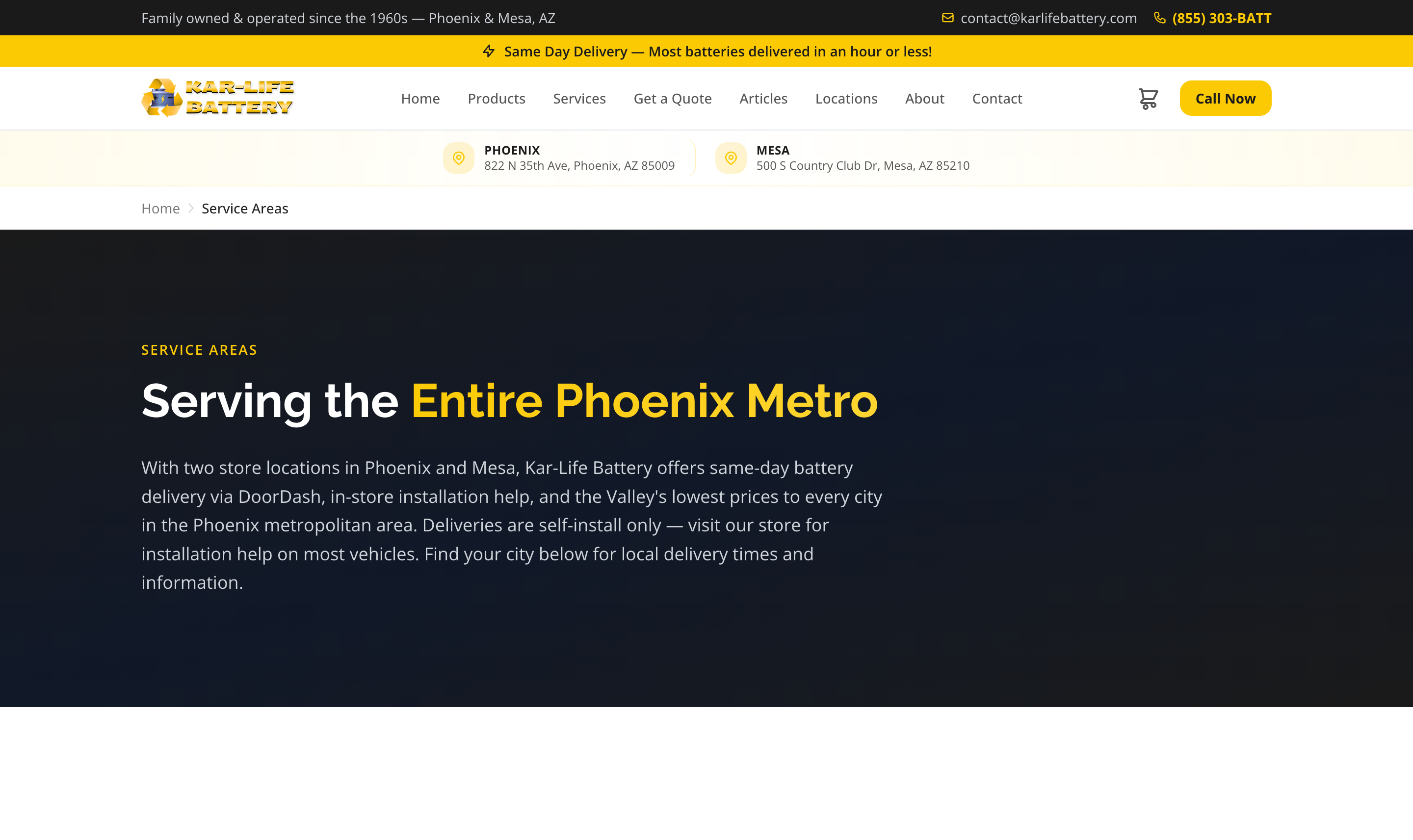 Kar-Life Battery service areas